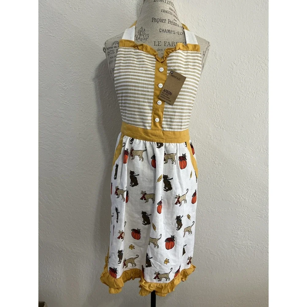 Harvest & Co Cat Pumpkin Fall Apron NWT Mustard Stripe Cotton Ruffle Pockets